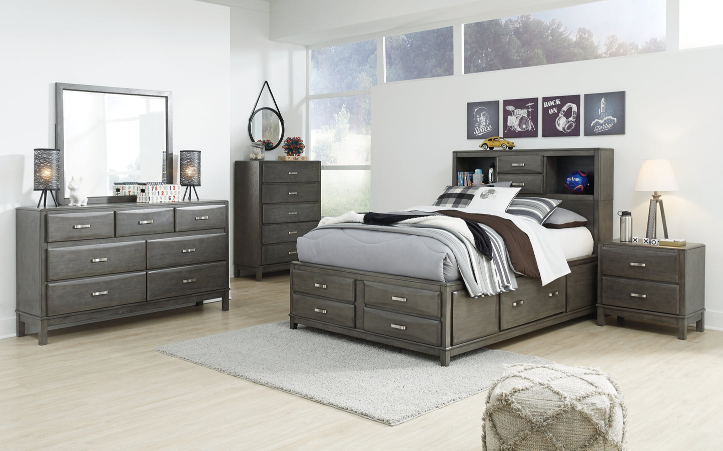 Caitbrook  Storage Bed With 8 Storage Drawers With Mirrored Dresser And Chest