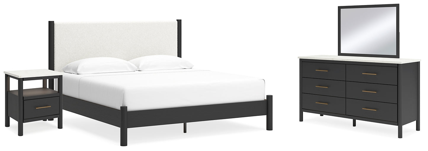 Cadmori King Upholstered Panel Bed with Mirrored Dresser and Nightstand