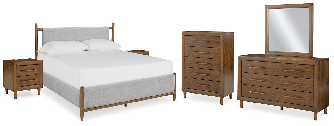 Lyncott California King Upholstered Bed with Mirrored Dresser, Chest and 2 Nightstands