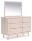 Wistenpine Twin Upholstered Panel Headboard with Mirrored Dresser and Chest