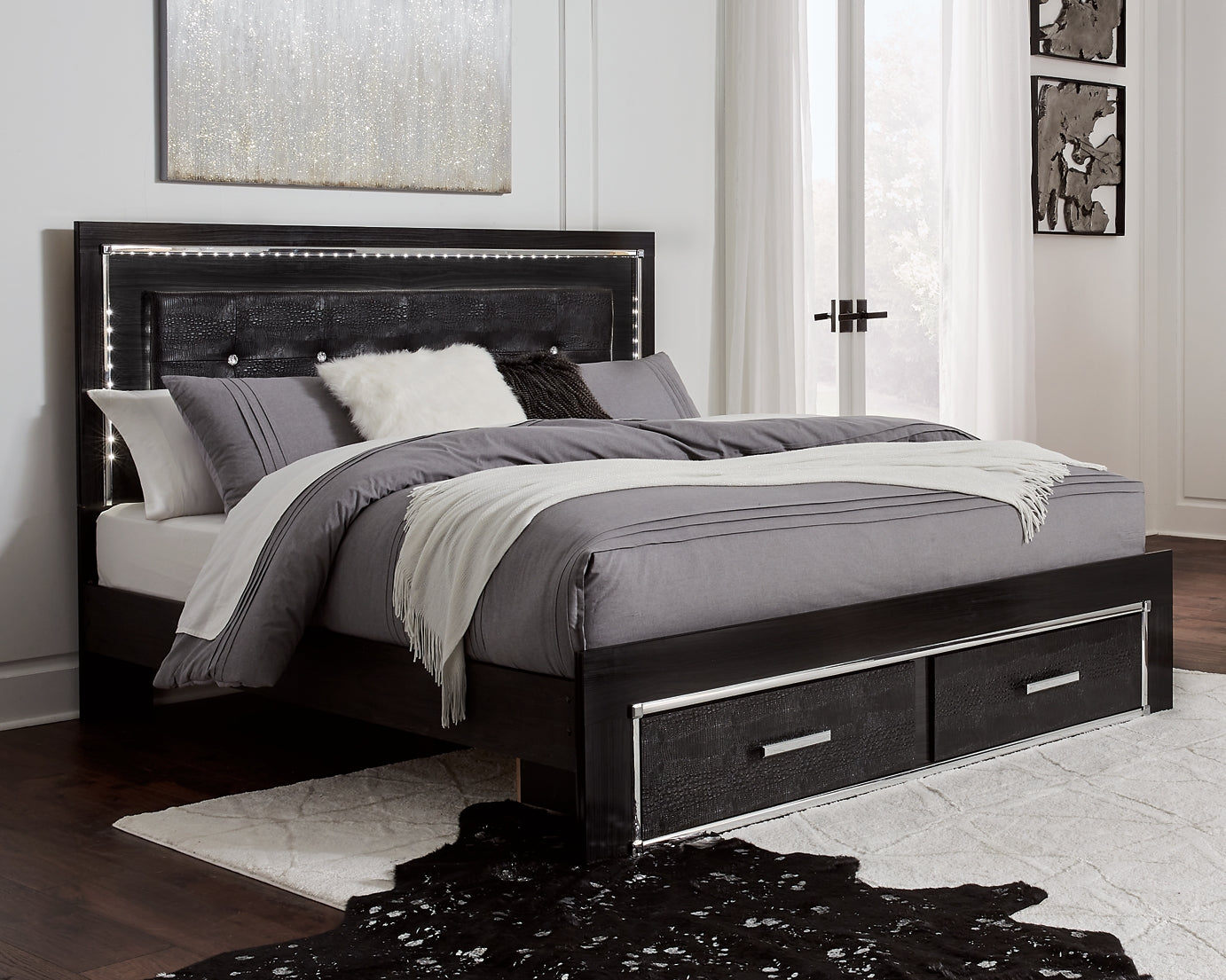 Kaydell King Panel Bed with Storage with Mirrored Dresser and 2 Nightstands