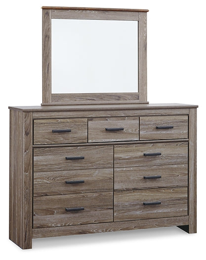 Zelen Queen Panel Bed with Mirrored Dresser and Nightstand