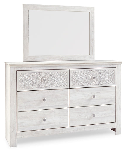 Paxberry King Panel Bed with Mirrored Dresser, Chest and Nightstand