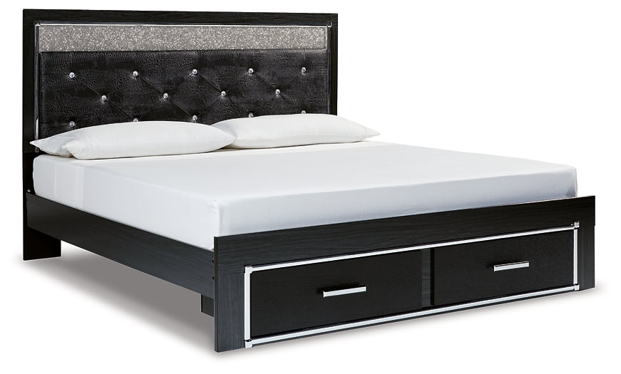 Kaydell King Upholstered Panel Storage Bed with Mirrored Dresser and 2 Nightstands