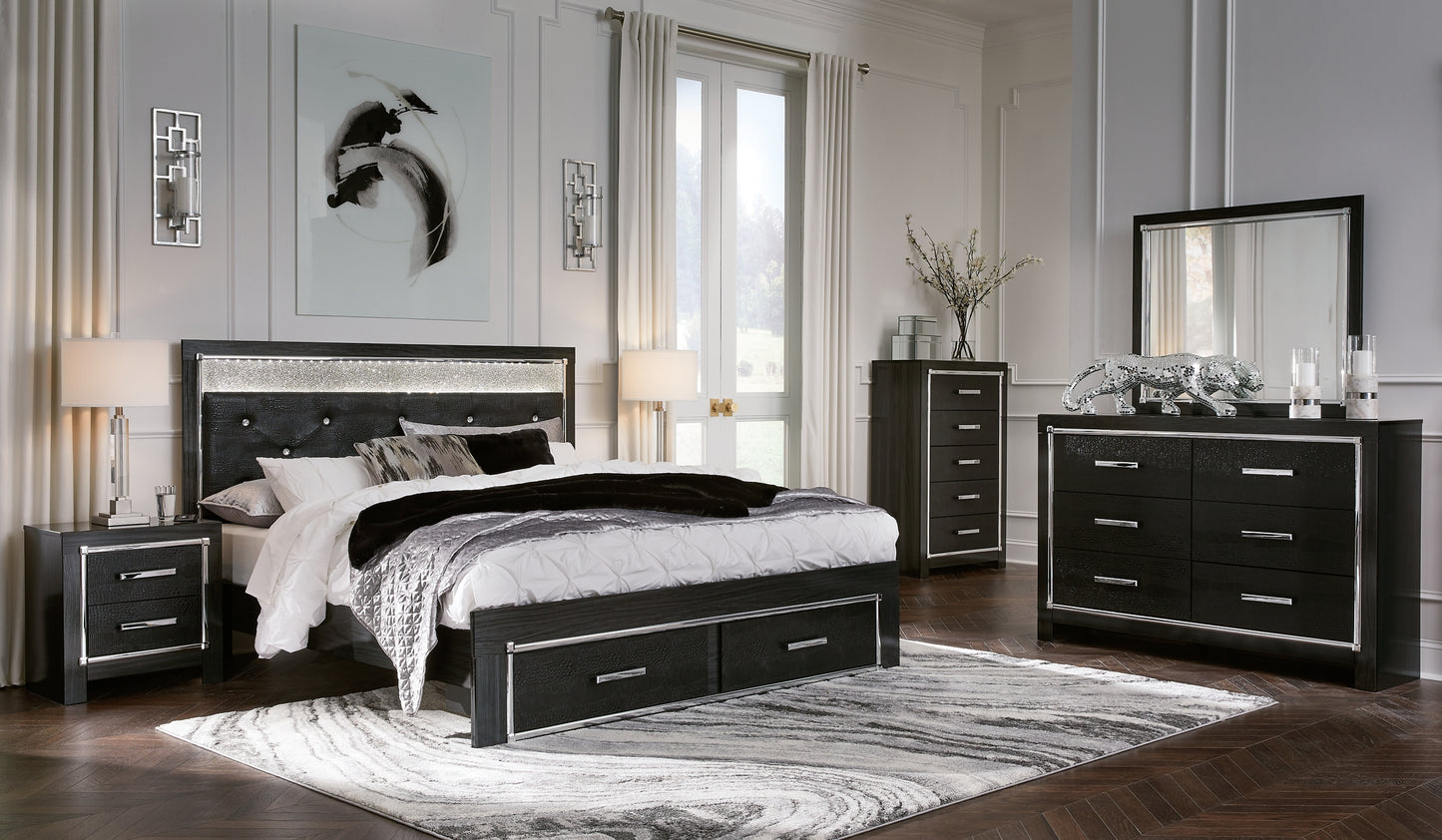 Kaydell King Upholstered Panel Storage Bed with Mirrored Dresser, Chest and Nightstand