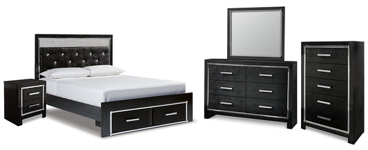 Kaydell Queen Upholstered Panel Storage Platform Bed with Mirrored Dresser, Chest and Nightstand