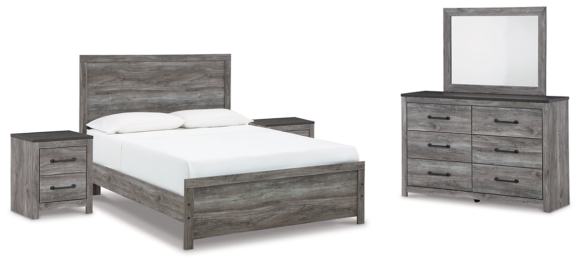 Bronyan Queen Panel Bed with Mirrored Dresser and 2 Nightstands