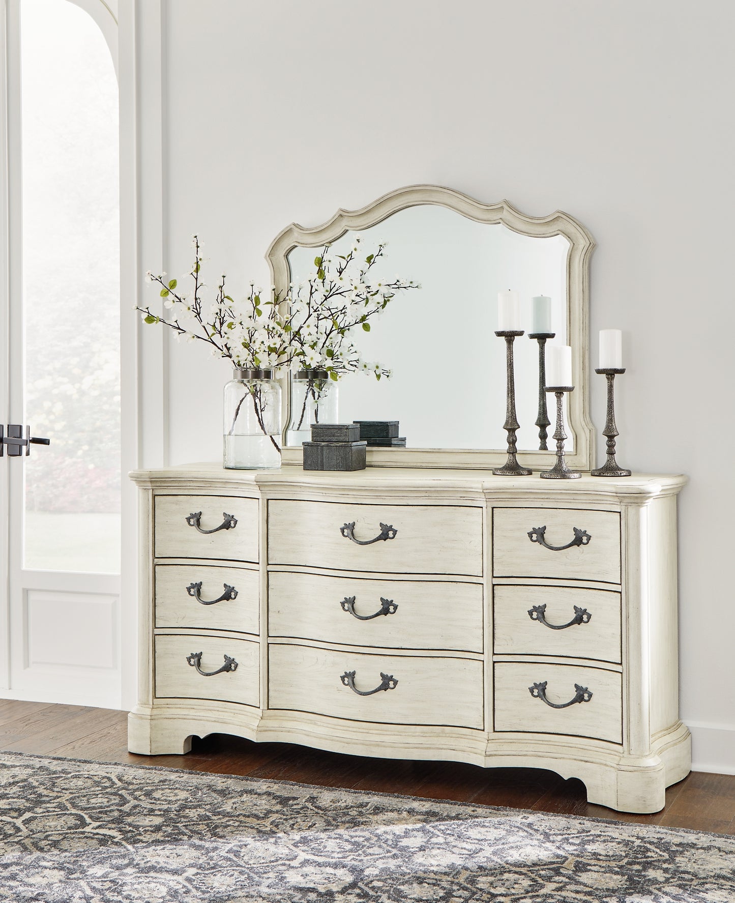 Arlendyne California King Upholstered Bed with Mirrored Dresser, Chest and 2 Nightstands