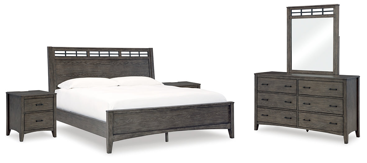 Montillan California King Panel Bed with Mirrored Dresser and 2 Nightstands